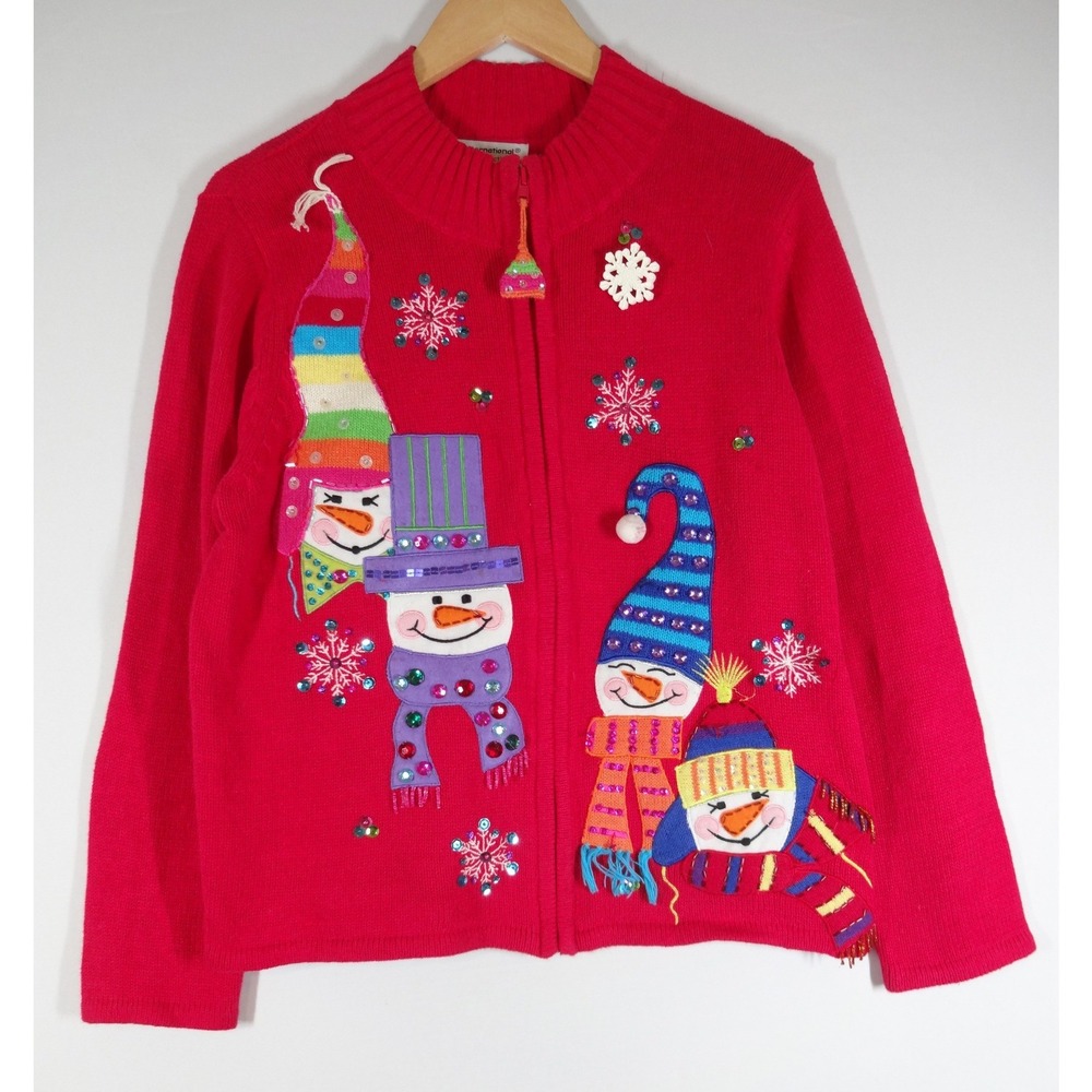VTG Tiara International Christmas Sweater Womens XL Red Snowman Zip Cardigan